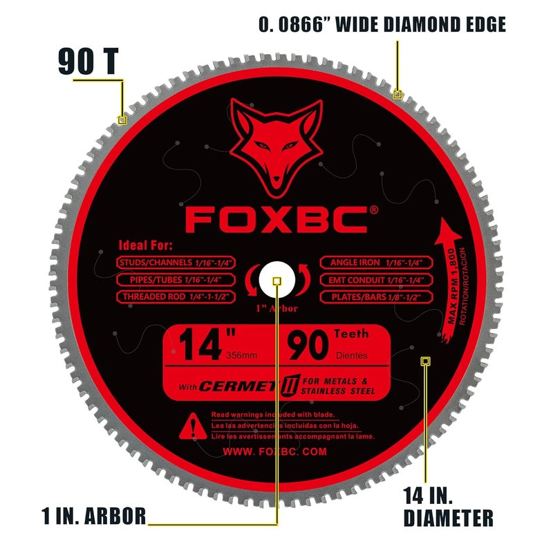 FOXBC 14 Inch Stainless Steel Metal Cutting Saw Blade 90 Tooth for Evolution 14 Inch Metal Saw and Other Low RPM saws, Cermet Carbide Up to 5X Longer Life - Image 2